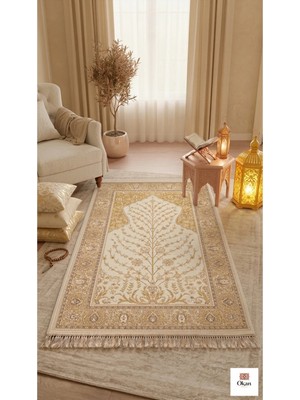 Okan Halıcılık Premium Lüks Seccade - Hayat Ağacı Desenli 100 Tarak Viskon Dokuma - Altın & Krem 75X125 cm