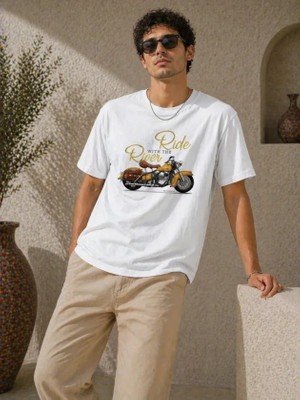 Civetta Erkek Motosiklet Baskılı Tişört Bisiklet Yaka Kısa Kol Yazlık T-Shirt - Beyaz