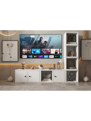 Kitaplıklı Tv Ünitesi - 3 Kapaklı ve 6 Raflı Modern Beyaz Yaşam Ünitesi NRG-TVT-1026