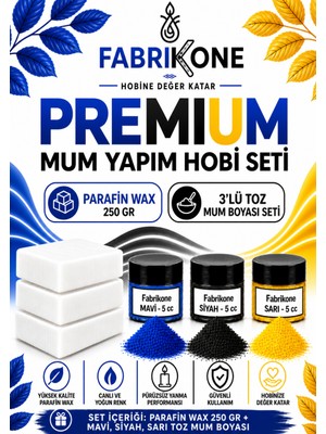 Fabrikone Premium Mum Yapım Hobi Seti - Parafin Wax 250 gr - 3'lü Toz Mum Boyası Seti - Mavi, Siyah, Sarı BKFABPW2503MSSR