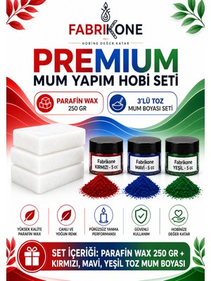 Fabrikone Premium Mum Yapım Hobi Seti - Parafin Wax 250 gr - 3'lü Toz Mum Boyası Seti - Kırmızı, Mavi, Yeşil BKFABPW2503KMY