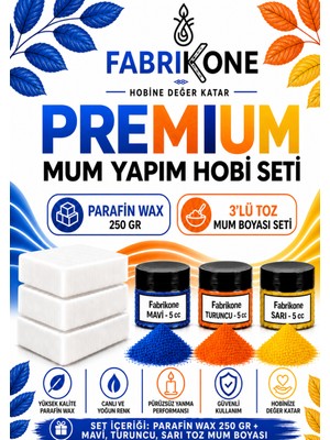 Fabrikone Premium Mum Yapım Hobi Seti - Parafin Wax 250 gr - 3'lü Toz Mum Boyası Seti - Mavi, Turuncu, Sarı BKFABPW2503MTSR