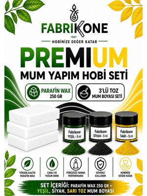 Fabrikone Premium Mum Yapım Hobi Seti - Parafin Wax 250 gr - 3'lü Toz Mum Boyası Seti - Yeşil, Siyah, Sarı BKFABPW2503YSSR