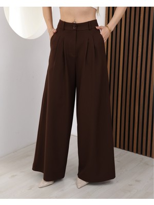 Deq Fashion Kadın Yüksek Bel Çift Pileli Palazzo Geniş Paça Kumaş Pantolon Şık Rahat Ofis Günlük