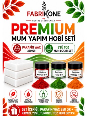Fabrikone Premium Mum Yapım Hobi Seti - Parafin Wax 250 gr - 3'lü Toz Mum Boyası Seti - Kırmızı, Yeşil, Turuncu BKFABPW2503KYT