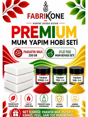 Fabrikone Premium Mum Yapım Hobi Seti - Parafin Wax 250 gr - 3'lü Toz Mum Boyası Seti - Kırmızı, Yeşil, Sarı BKFABPW2503KYSR