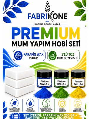 Fabrikone Premium Mum Yapım Hobi Seti - Parafin Wax 250 gr - 3'lü Toz Mum Boyası Seti - Mavi, Yeşil, Sarı BKFABPW2503MYSR