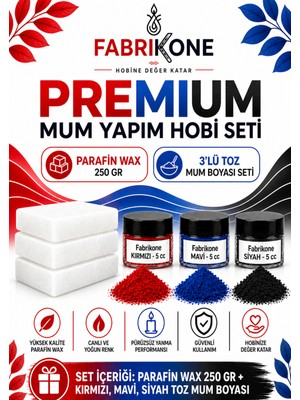 Fabrikone Premium Mum Yapım Hobi Seti - Parafin Wax 250 gr - 3'lü Toz Mum Boyası Seti - Kırmızı, Mavi, Siyah BKFABPW2503KMS
