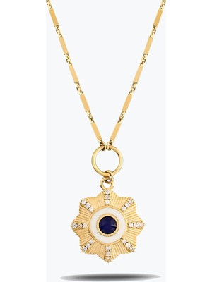 Goldium Jewellery Vintage Yuvarlak Lacivert Taşlı Çiçek Madalyon Kolye