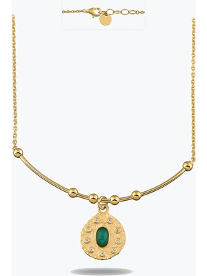 Goldium Jewellery Oval Yeşil Taşlı Madalyon Uç Tel Kolye