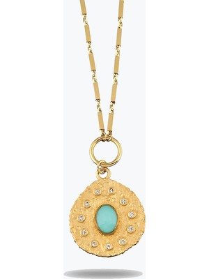 Goldium Jewellery Oval Mavi Taşlı  Asimetrik Madalyon Kolye