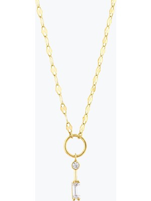 Goldium Jewellery Minimal ve Baget Taşlı Çubuklu Ezme Forse Zincir Halkalı Kolye