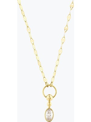 Goldium Jewellery Oval Taşlı Ezme Forse Zincir Halkalı ve Toplu Kolye