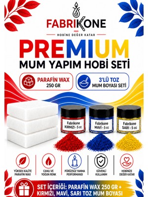 Fabrikone Premium Mum Yapım Hobi Seti - Parafin Wax 250 gr - 3'lü Toz Mum Boyası Seti - Kırmızı, Mavi, Sarı BKFABPW2503KMSR