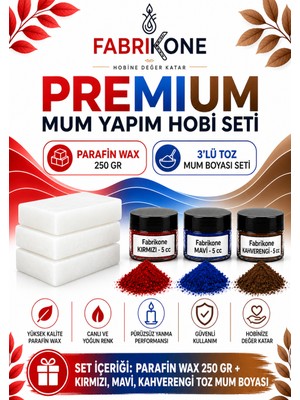 Fabrikone Premium Mum Yapım Hobi Seti - Parafin Wax 250 gr - 3'lü Toz Mum Boyası Seti - Kırmızı, Mavi, Kahverengi BKFABPW2503KMKH