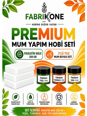 Fabrikone Premium Mum Yapım Hobi Seti - Parafin Wax 250 gr - 3'lü Toz Mum Boyası Seti - Yeşil, Turuncu, Sarı BKFABPW2503YTSR
