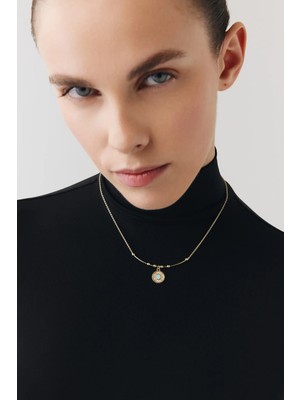 Goldium Jewellery Yuvarlak Mavi Taşlı Madalyon Uç Tel Kolye