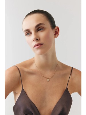 Goldium Jewellery Oval Kahve Taşlı Madalyon Tel Kolye