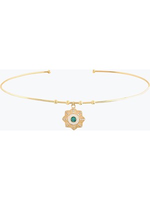 Goldium Jewellery Yuvarlak Firuze Taşlı Çiçek Madalyon Uçlu Tel Choker