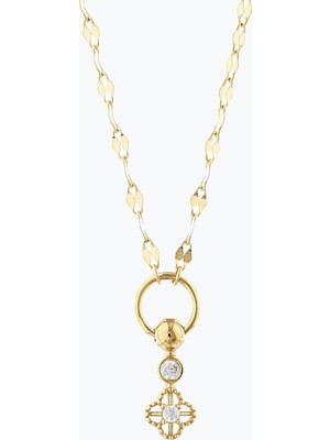 Goldium Jewellery Minimal Taşlı Yoncalı Ezme Forse Zincir Halkalı ve Toplu Kolye
