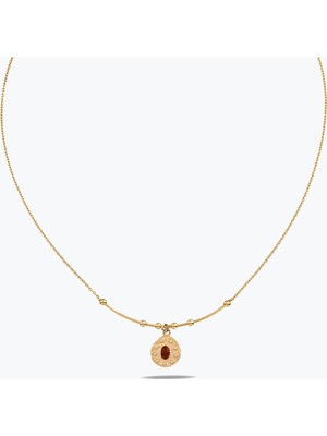 Goldium Jewellery Oval Kırmızı Taşlı Asimetrik Madalyon Uç Tel Kolye