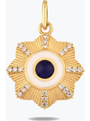 Goldium Jewellery Lacivert Taşlı Çiçek Madalyon Kolye Charm