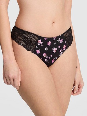 Pink Lazer Kesim Tanga - Siyah Çiçek Baskılı