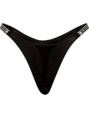 Very Sexy Ombré Çizgili Işıltılı Askılı Tanga - Siyah