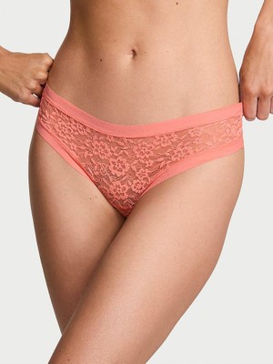 No-Show Lazer Kesim Dantelli Tanga - Mercan