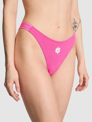 Pink Logolu Pamuklu Derin Bacak Kesim Tanga - Pembe Papatyalar