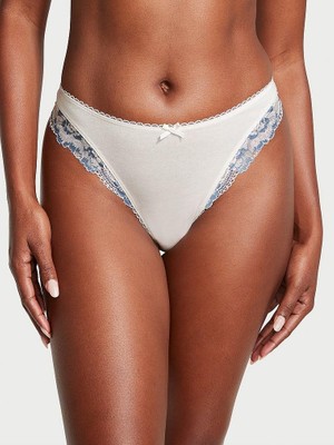 Victoria's Secret Dantelli Esnek Pamuklu Derin Bacak Kesim Scoop Tanga - Hindistan Cevizi Beyazı ve Soluk Denim