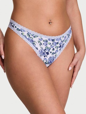 Lace Tri̇m Esnek Pamuklu Dantel Belli Tanga - Mavi Güllü