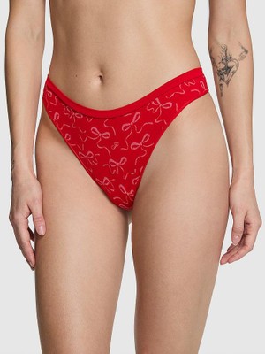Pink Seamless Derin Bacak Kesim Tanga - Kırmızı Fiyonk Baskılı