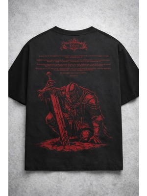 Yolo Street Oversize Siyah Tişört Kırmızı Şövalye Baskılı %100 Pamuk Unisex Streetwear
