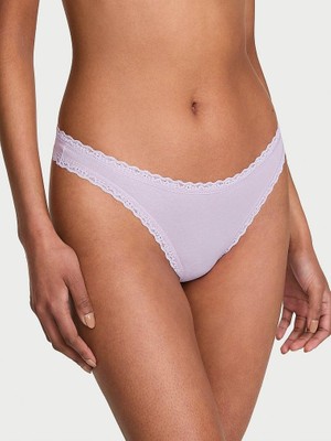 Lace Tri̇m Esnek Pamuklu Dantel Belli Tanga - Uçuk Lila