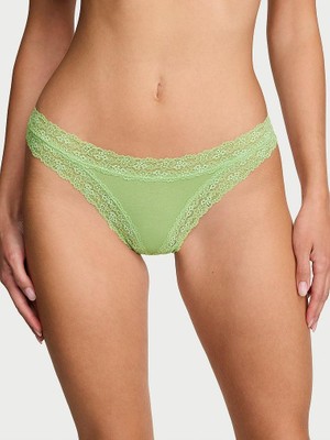Lace Trim Dantel Detaylı Pamuklu Tanga - Fıstık Yeşili