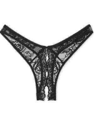 Very Sexy Gül Dantelli Derin Bacak Kesim Crotchless Tanga - (Tek Renk)