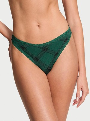 Lace Trim Esnek Pamuklu Dantel Belli Tanga - Koyu Yeşil Ekoseli