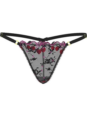 Very Sexy Cherry Pop Işlemeli Ayarlanabilir V-String Külot - Siyah Işlemeli