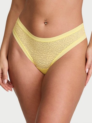 No-Show Lazer Kesim Leopar Desenli Dantelli Tanga - Limonata Sarısı