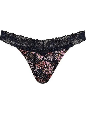 Pink Dantel Detaylı Pamuklu Tanga - Lacivert Çiçek Baskılı