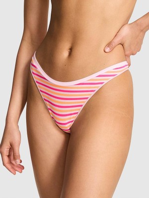 Pink Seamless Derin Bacak Kesim Tanga - Pembe Turuncu Çizgili