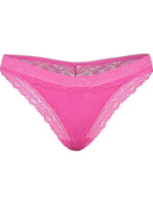 Lace Trim Dantel Detaylı Pamuklu Tanga - Pembe
