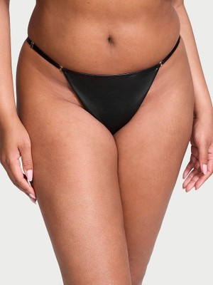 Very Sexy Deri Görünümlü Ayarlanabilir V-String Külot - Siyah