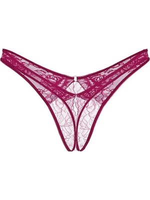 Very Sexy Gül Dantelli Derin Bacak Kesim Crotchless Tanga - (Tek Renk)