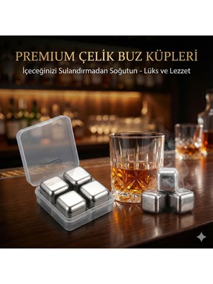 Kaia Life 4'lü Çelik Metal Kaplama Viski Taşı Soğutma Buz Küpü