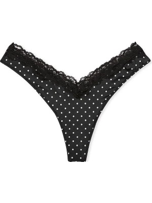 Very Sexy Dantelli Derin Bacak Kesim Tanga - Beyaz Puantiyeli