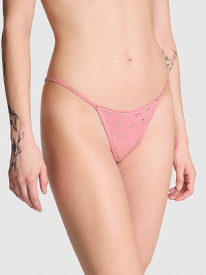 Pink Esnek Pamuklu V-String Külot - Kalp Çiçekler
