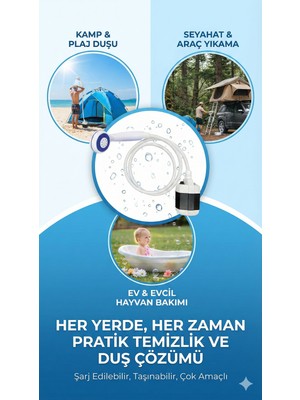 Kaia Life Taşınabilir Şarjlı Seyyar Duş Seti ( Pompa - Hortum - Duş Başlığı )