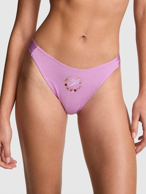 Pink Logolu Pamuklu Derin Bacak Kesim Tanga - Lila
